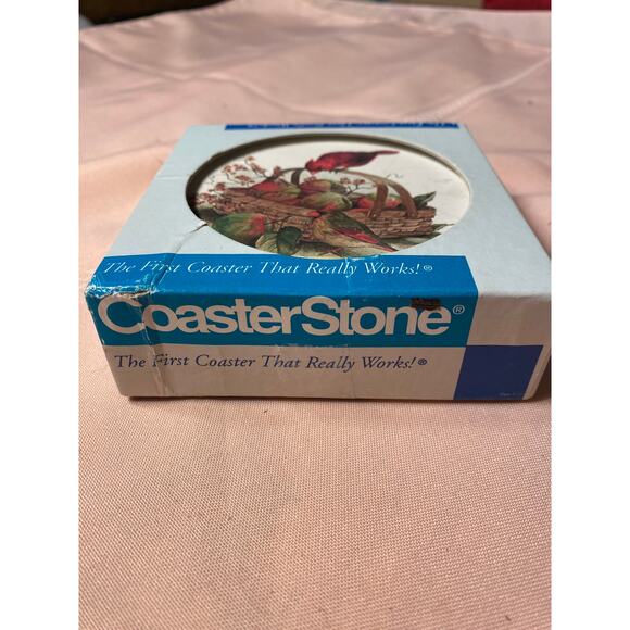 CoasterStone Set of 4 Drink Coasters Pair of Cardinal Birds on Apple Basket NIB - Picture 1 of 12